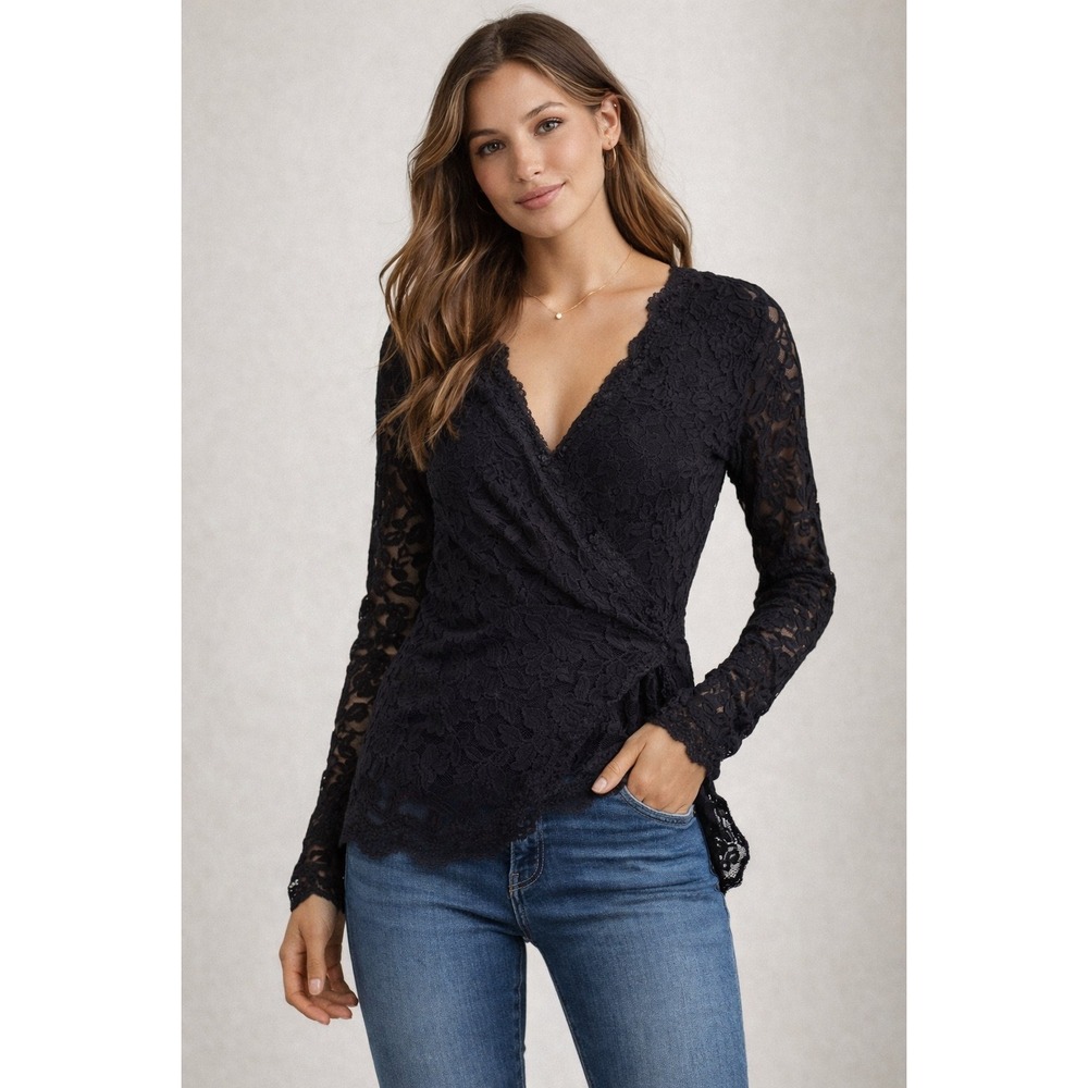 Rosemunde Copenhagen Black Floral‎ Lace Wrap Cardigan Top Long Sleeve Size M